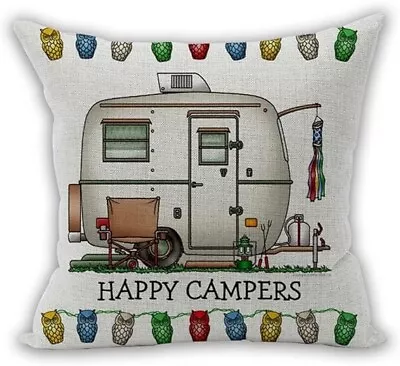 Camping Happy Camper Campervan Pillow Cover - Decorative Case Gifts Beige • $9.89