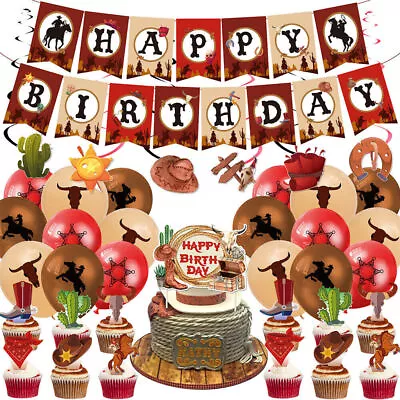 Western Cowboy Theme Birthday Party Supplies Set Balloon Banners Cake Decorative • £9