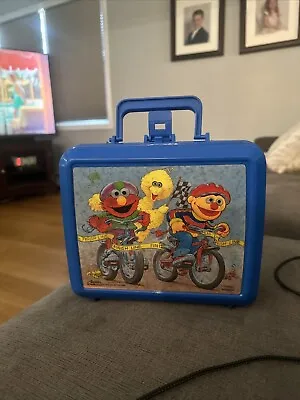 Vintage Sesame Street Plastic Blue Lunchbox Bicycle Race Elmo Ernie • $10