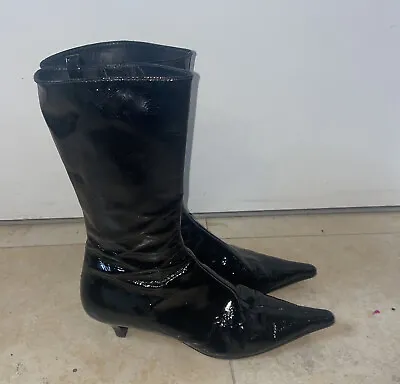 Miu Miu Black Patent  Mid-Calf Boot Pointed Toe W/Kitten Heel Sz 40EU / 10 US • $159