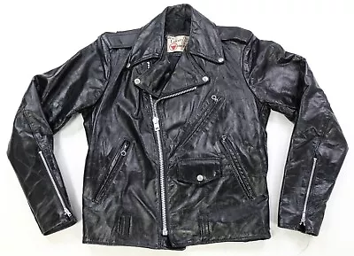 Rare VTG SEARS The Leather Shop Moto Jacket 80s 90s Motorcycle Biker Black 38R • $89.99