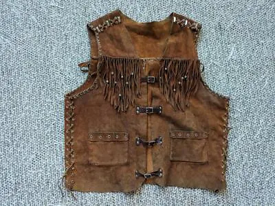Vintage WESTERN Handcrafted SUEDE Cowhide Leather 40 Brown FRINGE Vest INDIAN • $168.95