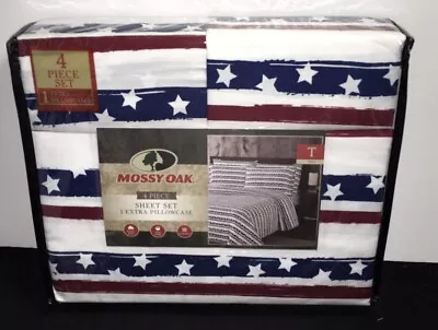 Mossy Oak 4 Pc Patriotic 🇺🇸 Stars Stripes Twin Sheet Set  1 Ex Pillowcase Nip • $36.96