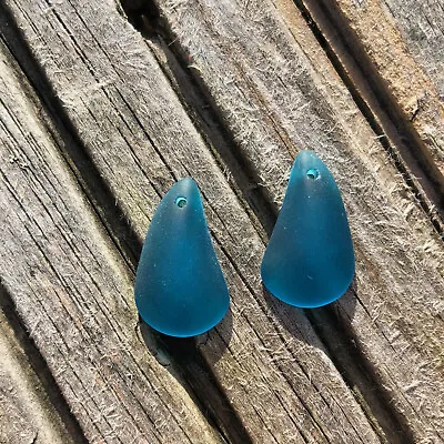 £3.75 • Buy 2 Pieces Cultured Sea Glass Fat Teardrop Beads, Drilled -  21x13mm Teal Green