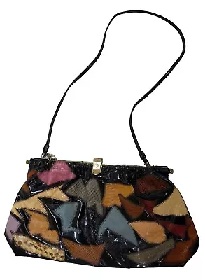 CAPRICE Purse Clutch Exotic Snakeskin Lizard Patchwork Colorful Black Patent Vtg • $30