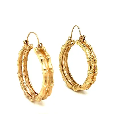 1980's Vintage Double Bamboo Hoop Earrings 14K Yellow Gold • $675