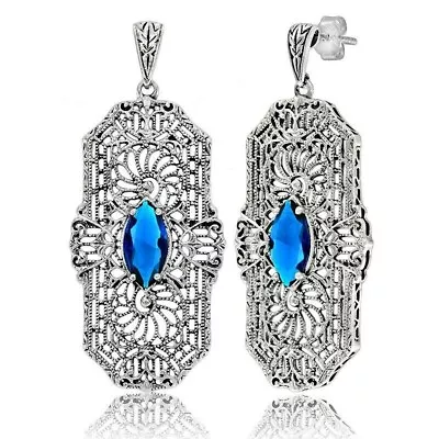 Natural  2CT Blue Sapphire 925 Sterling Silver Victorian Style Earrings FB10 • $39.99