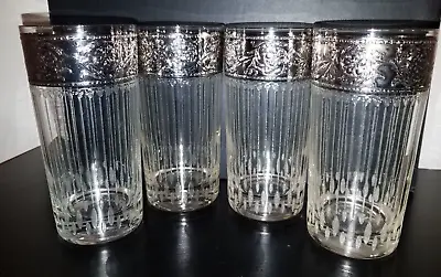 Vtg CULVER Glasses Hollywood Glam Silver Rim Mid-Century Tyrol Highball Set Of 4 • $29.99