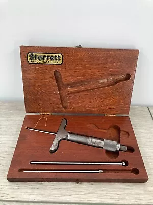 Starrett 440 A Micrometer Depth Gage Wooden Box 3 Rods Vintage Measurement Tool • $45.49