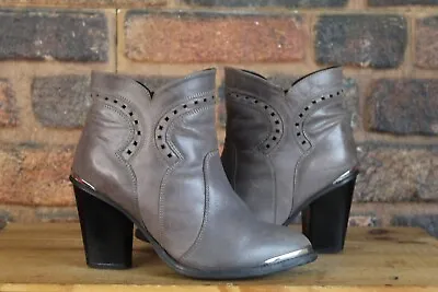 Taupe Leather Block Mid Heel Ankle Boots Size 4 Eee / 37 Wide Fit By Catwalk • £13