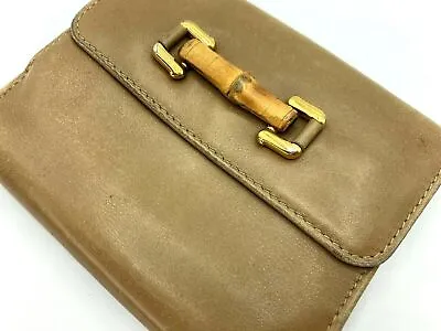 $260.91 • Buy Gucci Vintage Bamboo Beige Soft Leather Wallet Lady Bifold Purse Italy