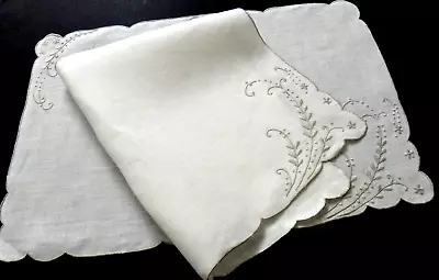 Madeira Embroidery Linen Placemats (2) Leafy Plumes Taupe Handwork. Ecru VINTAGE • $18