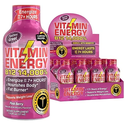 (12 Pack) Vitamin Energy® B12 14000% Pink Berry Energy Shots Clinically Proven • $29.95