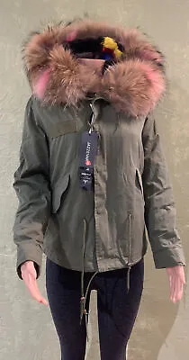 Women's Real Colorful Rabbit Fur Coat Jacket Parka W/ Genuine Raccoon Fur Hood • $150