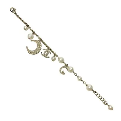 CHANEL Bracelet AUTH Coco Mark CC Chain Logo Vintage Gold Fake Pearl Moon GP　F/S • $662.99