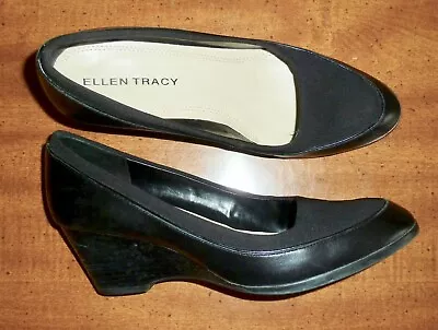 Ellen Tracy *reagan* Black Leather & Stretch Mid-wedge Pumps - Ladies 7m • $9.99