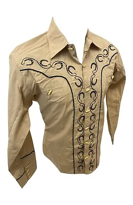 $14.99 • Buy Men RODEO WESTERN COUNTRY KHAKI BLACK STITCH TRIBAL BUTTON UP Shirt Cowboy 05500