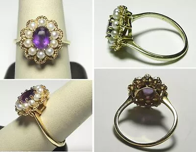 C1608 Vintage 14K Solid YG 1.25ct Amethyst And Cultured Pearl Halo Ring Sz 9.25 • $285