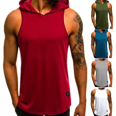 Men's Pullover Hooded Tank Tops Muscle T-Shirt Gym Vest Sleeveless Casual Hoodie • £7.98