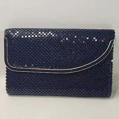 Vintage Metal Mesh Clutch Purse Navy Blue Gold Trim Envelope Style Disco Bag  • $14.99