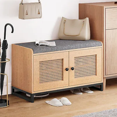 Wood Shoe Storage Organizer Rattan Shoe Cabinet Bench With Cushion For Entryway • $79.19