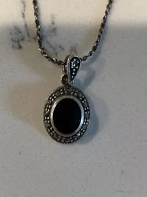Vintage Sterling Silver Onyx And Marcasite Pendant On An 18” Sterling Chain • $25