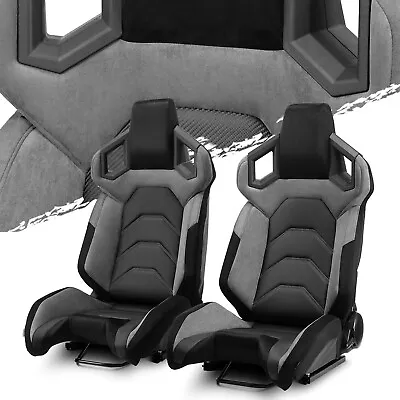 Pure Black+Gray Reclinable PVC Car Racing Seats Pair [Pure Series] W/Slider L&R • $410