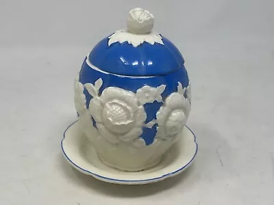 Moriyama Mori-machi Covered Sugar Bowl Blue White Hand Painted Japan Vintage • $25