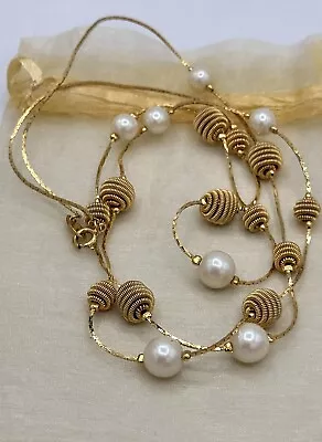 Vintage Trifari Faux Pearl And Gold Tone Bead Delicate Chain Necklace 35 Inch • $20.50