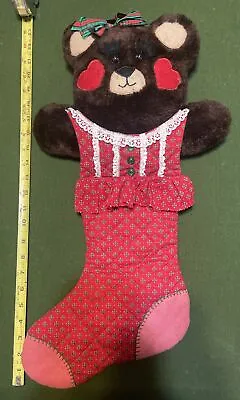 Vintage Plush Girl Teddy Bear Stocking Handmade Quilted W/ Calico Christmas 23” • $25