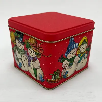 Vintage 4 Inch Red Square Christmas Holiday Snowman Tin By Wim Snow Dogs Puppies • $13