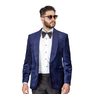  Mens Navy Velvet Tuxedo Blazer Jacket Shawl Lapel 1 Button Slim Fit BY AZAR MAN • $89