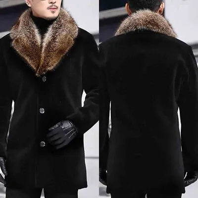 Mens Faux Fur Overcoat Fur Collar Outdoor Jacket Trench Coat Parka Woolen • $47.05