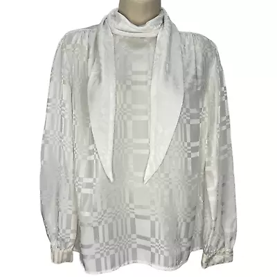 Vintage Joanna White Shiny Secretary Blouse Scarf Long Sleeve Size M Checkered  • $26.95