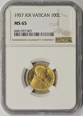 1957 XIX Vatican Gold 100 Lire MS 65 NGC Pop 4/4 • $725