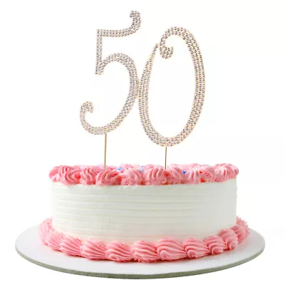 Crystal 50th Birthday Cake Topper With Rhinestone Gold Candles-JN • £9.55