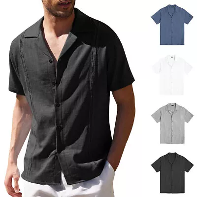 £8.51 • Buy Mens Cuban Guayabera Shirt Summer Button Down Shirts Short Sleeve Hippie Beach