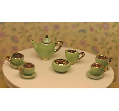 Dollhouse Miniature Tea Set In Apple Green And Gold • $9.99