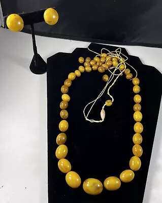 Vintage Butterscotch Chocolate Swirled Bakelite Beaded Necklace Repair +Earrings • $39.95