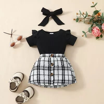 Baby Kid Girls Solid Check Cute Plaid Princess Short Sleeveless Dress Party Gown • £10.09