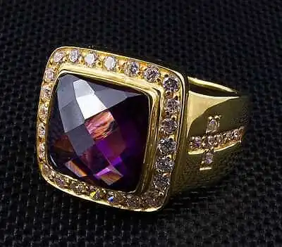 $227 • Buy Diamond Cross Amethyst Yellow Gold Mens Bishop Ring