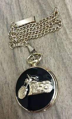 Men's Motorcycle Pocket Watch Round Gold Arabic Numbered Hours On Gold Chain! • $26.99