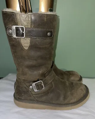 $60 • Buy Womens UGG Kensington Moto Biker Brown Tall Boots  Leather Sheep Fur Lined Sz 8