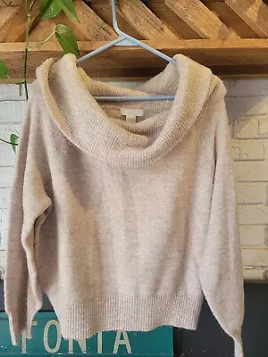 H M Sweater Womens M Oatmeal Beige Oversized Cowl Neck 3/4 Sleeve Ribbed Trim • $13