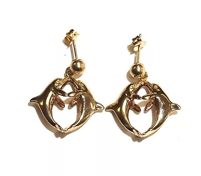 14k Yellow Gold Dolphin Dangle Earrings Animal Sea 3.5g Estate Vintage Antique • $199.99