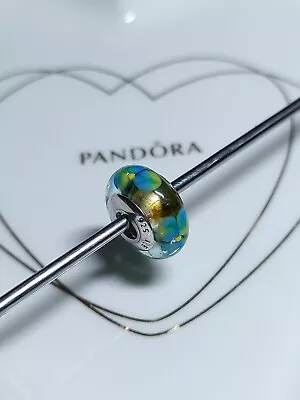 Genuine Pandora Silver 💐 Green With Flowers Murano Glass Bead Charm 925 ALE • £10