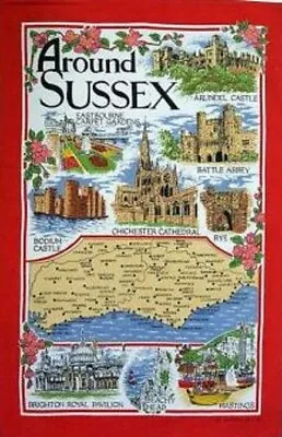 £5.95 • Buy Around Sussex Tea Towel Souvenir Gift Map Seaside Brighton Castle Hastings