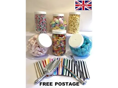 Large Plastic Sweet Jars X6 White Lids Scoop Tong 100 Bags Candy Buffet Wedding • £15.89