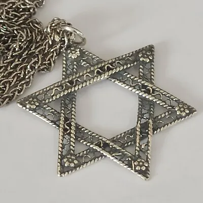 Vintage Men Star Of David Necklace Filagree Large 925 Italy Silver Rhodium Gift • $63.20