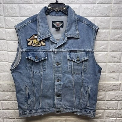 $65 • Buy Harley Davidson Trucker Denim Vest Embroidery Logo Harley Owners Group Men L EUC